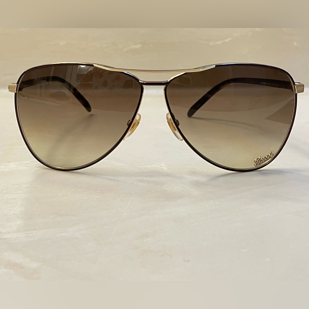 Auth EUC Gucci LOGO Aviator Sunglasses Gold HW tortoise brown gradient lenses - Picture 2 of 15
